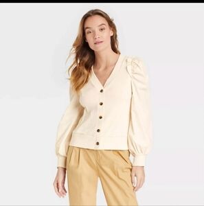 Who What Wear Womens Puff Sleeve Cardigan Ribbed Button Front Minimalist Size L